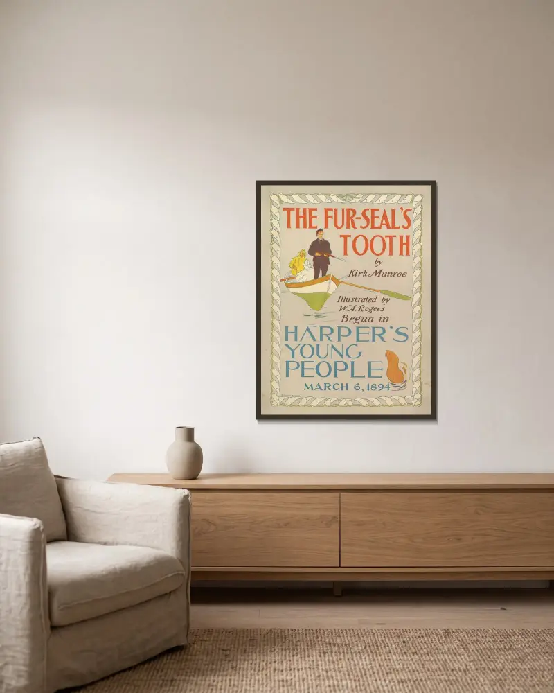 Harper’s Young People; The Fur-Seal’s Tooth av Kirk Monroe av Edward Penfield inramad på en vägg
