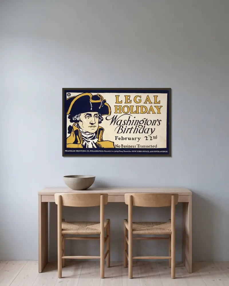 Dzień ustawowo wolny, urodziny Waszyngtona, 22 lutego, żadnych transakcji handlowych, Edward Penfield w ramie na ścianie