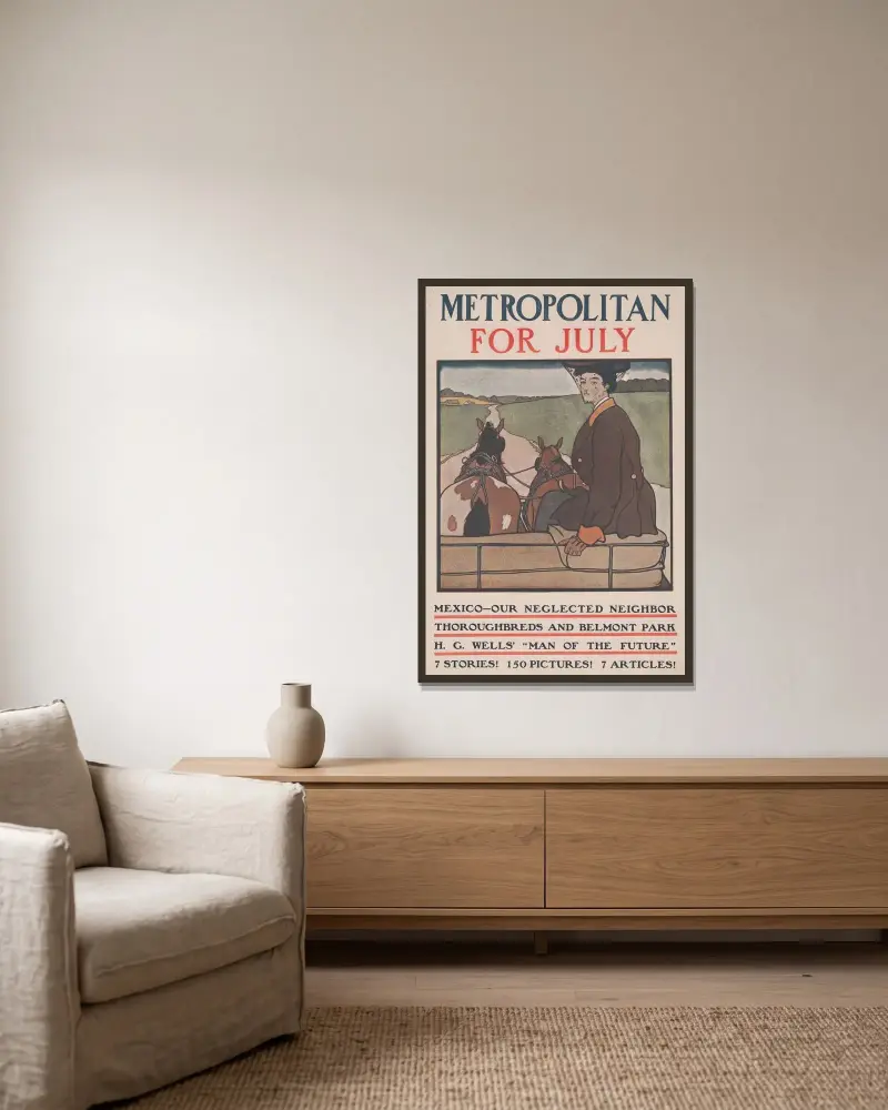 Metropolitan for July av Edward Penfield inramad på en vägg