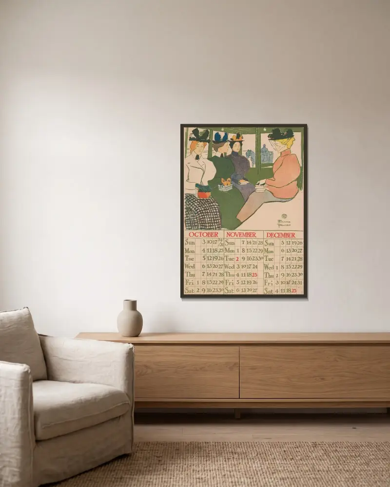 Oktober november december 1897 kalender av Edward Penfield inramad på en vägg