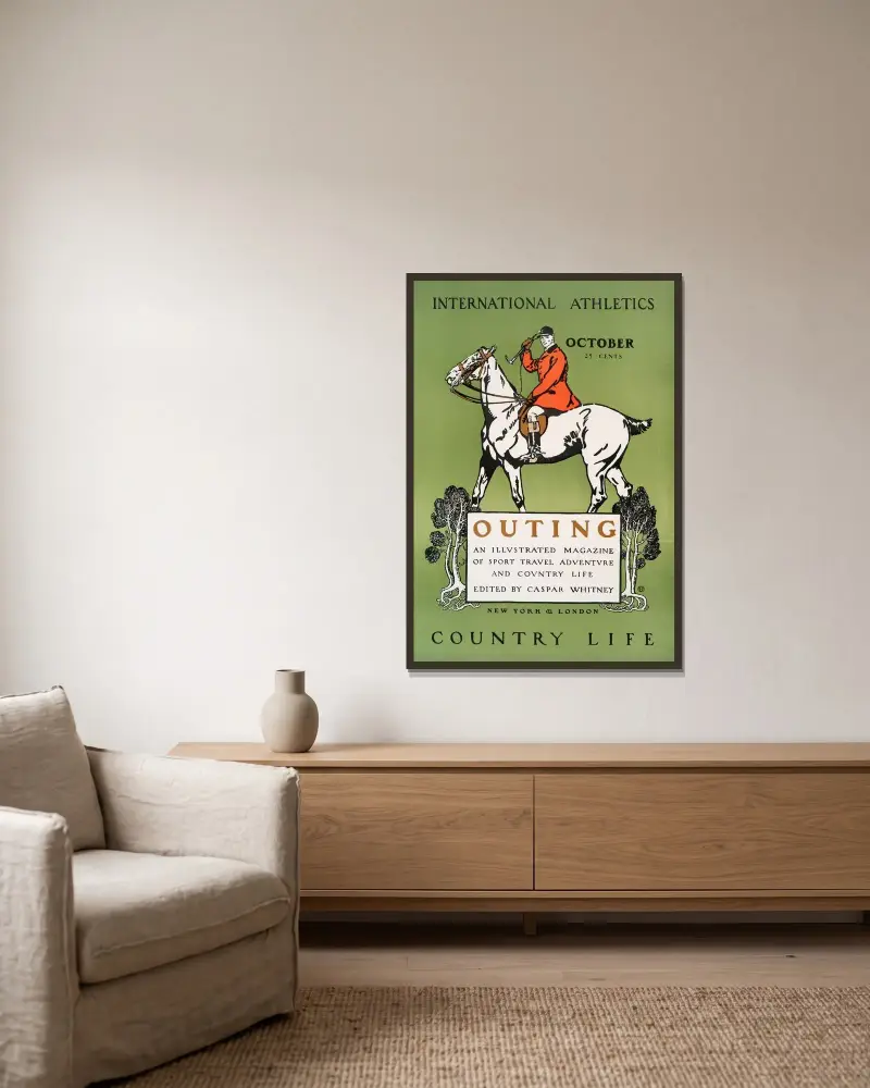 Outing, Illustrated Magazine of Sport Travel Adventure & Contry Life Edited by Caspar Whitney von Edward Penfield gerahmt an einer Wand