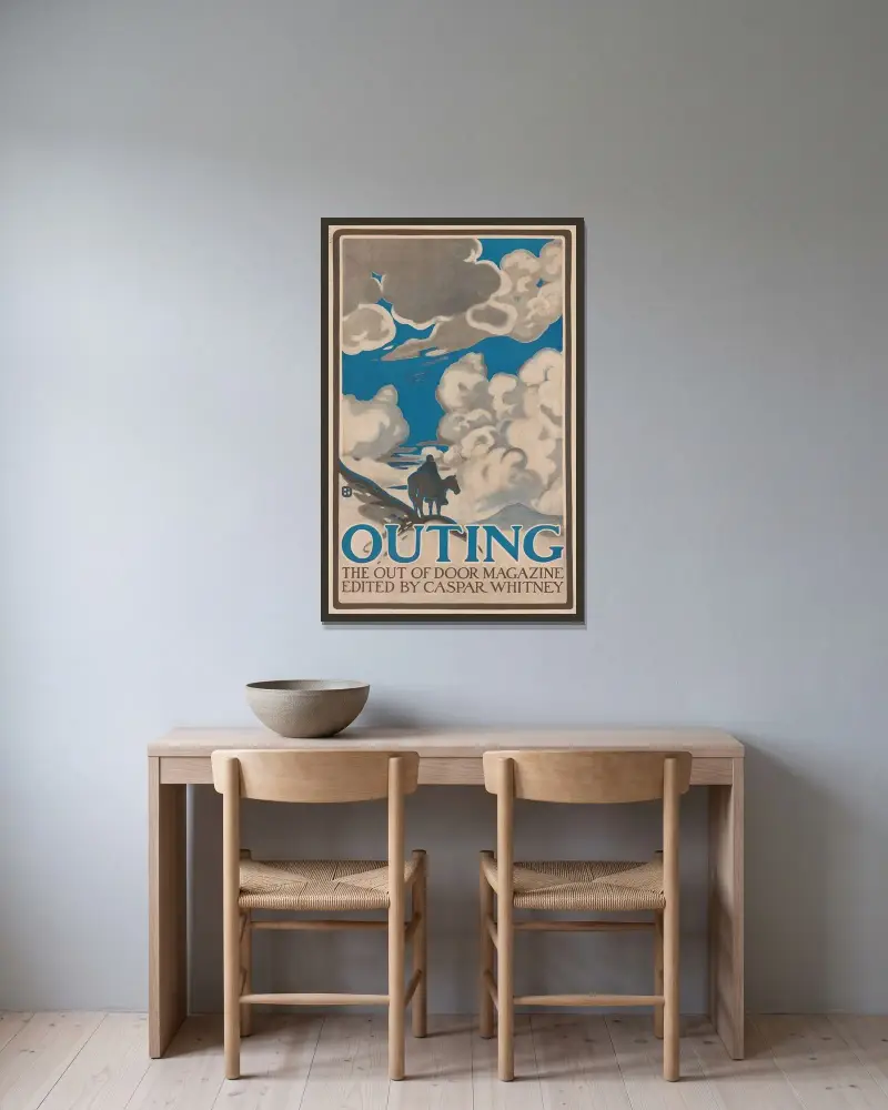 Outing, the out of door magazine, edited by Caspar Whitney av Edward Penfield inramad på en vägg