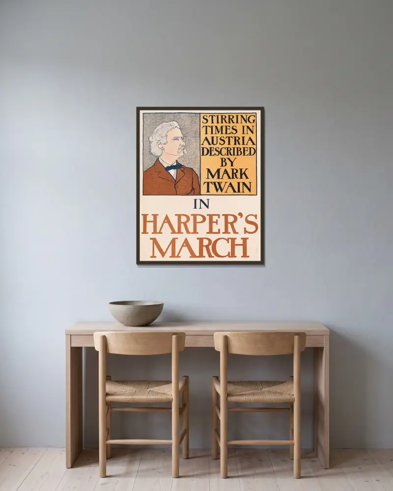 Stirring times in Austria described by Mark Twain in Harper’s March av Edward Penfield inramad på en vägg