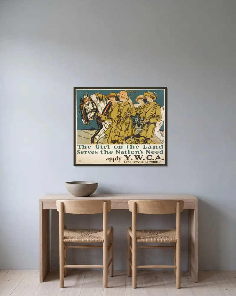 The girl on the land serves the nation’s need Apply Y.W.C.A. Land Service Committee av Edward Penfield inramad på en vägg