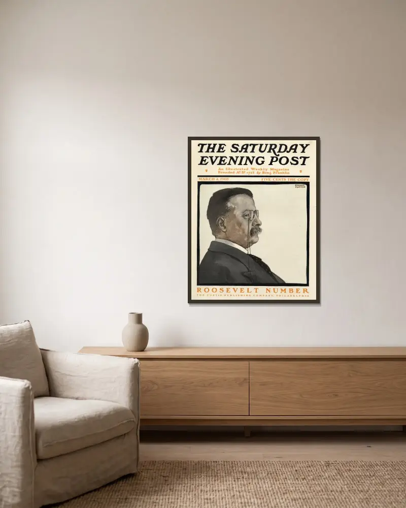 The Saturday Evening Post. The Roosevelt Number av Edward Penfield inramad på en vägg