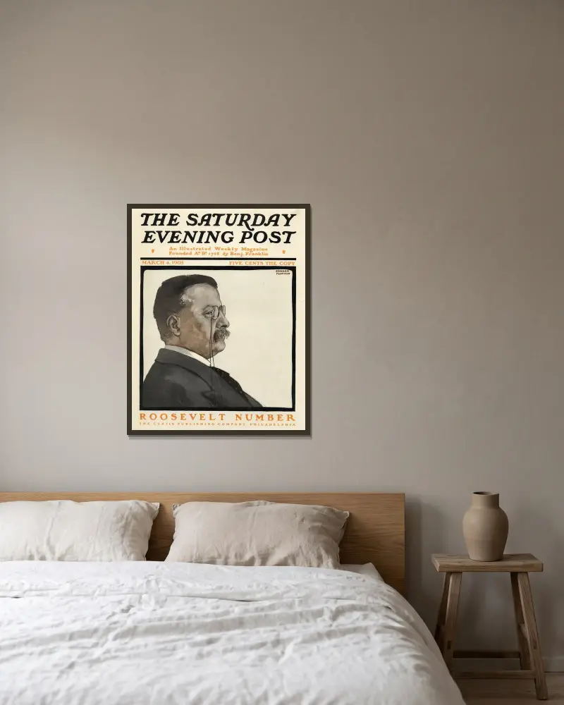 The Saturday Evening Post. The Roosevelt Number av Edward Penfield inramad på en vägg