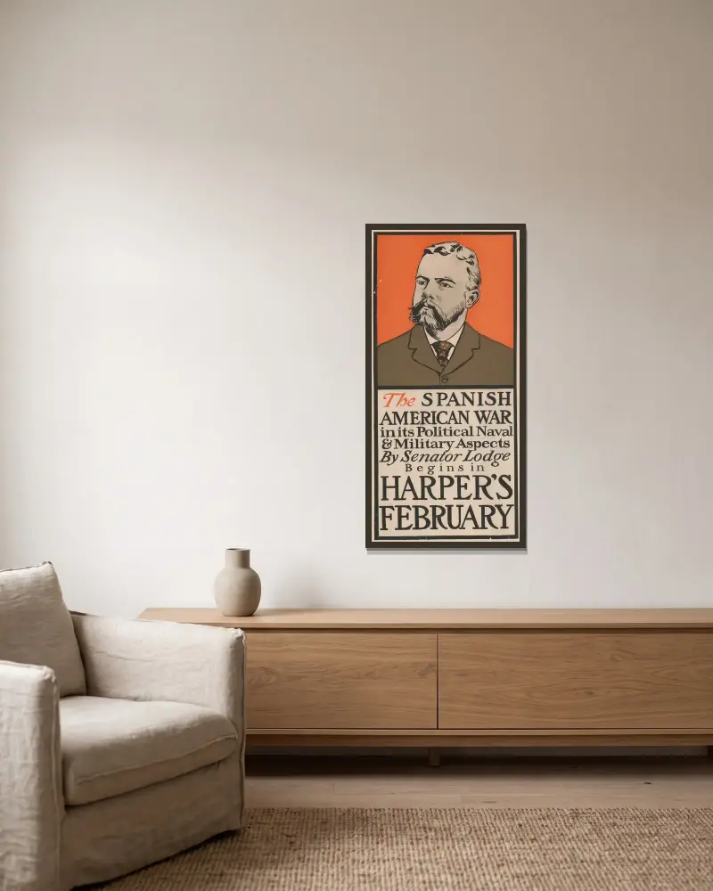 Spansk-amerikanska kriget i dess politiska, marina och militära aspekter av senator Lodge, börjar i Harper's februari av Edward Penfield inramad på en vägg