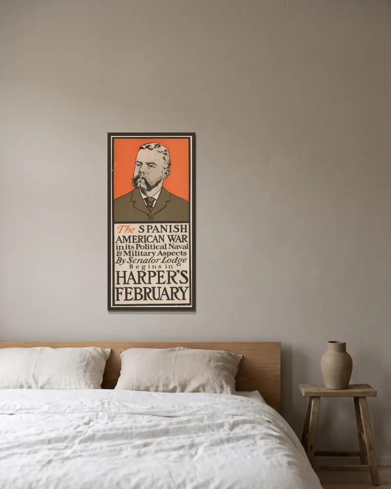Spansk-amerikanska kriget i dess politiska, marina och militära aspekter av senator Lodge, börjar i Harper's februari av Edward Penfield inramad på en vägg
