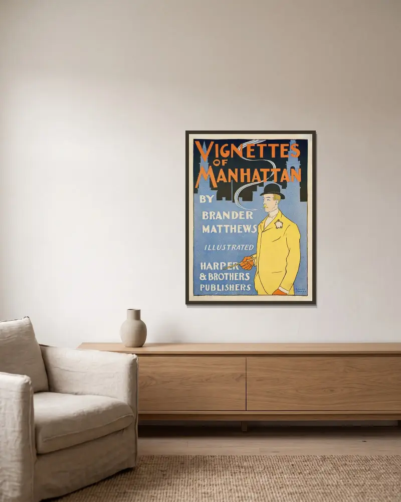 Vignettes of Manhattan av Edward Penfield inramad på en vägg