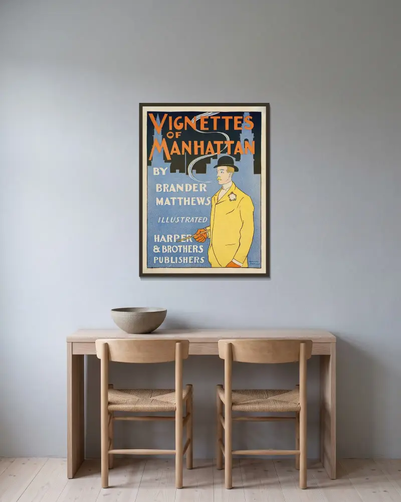 Vignettes of Manhattan av Edward Penfield inramad på en vägg