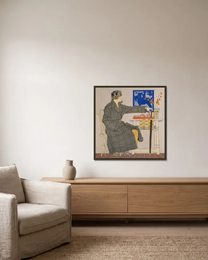 Junge Frau am Tisch mit Schirm von Edward Penfield gerahmt an einer Wand