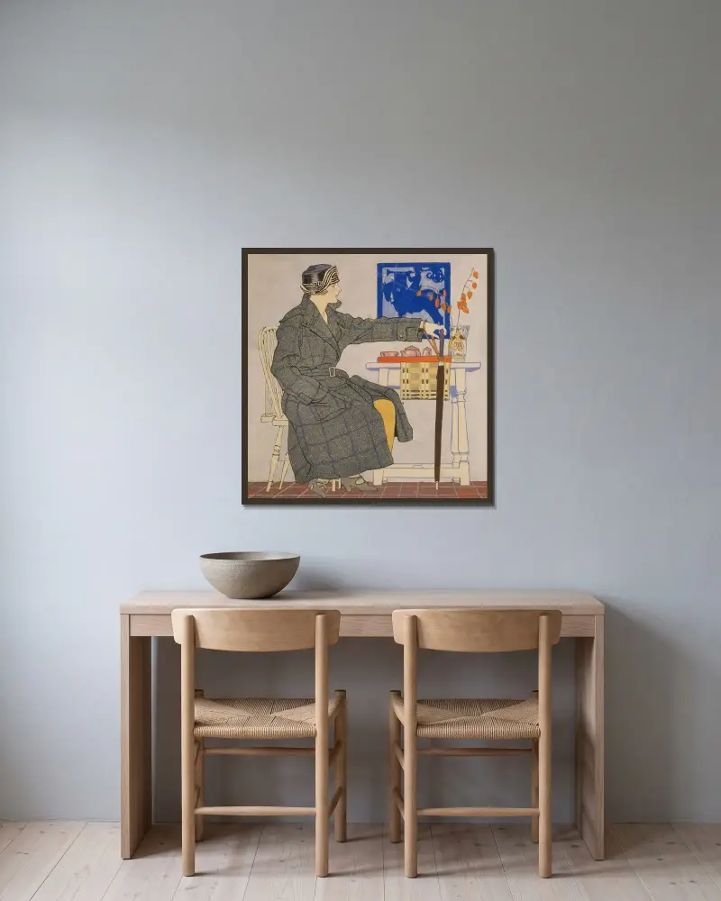 Junge Frau am Tisch mit Schirm von Edward Penfield gerahmt an einer Wand