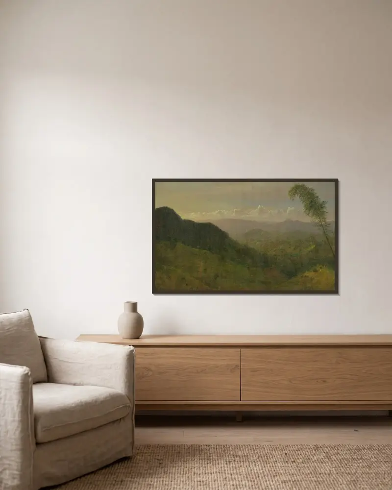 Kuperat landskap av Frederic Edwin Church inramad på en vägg