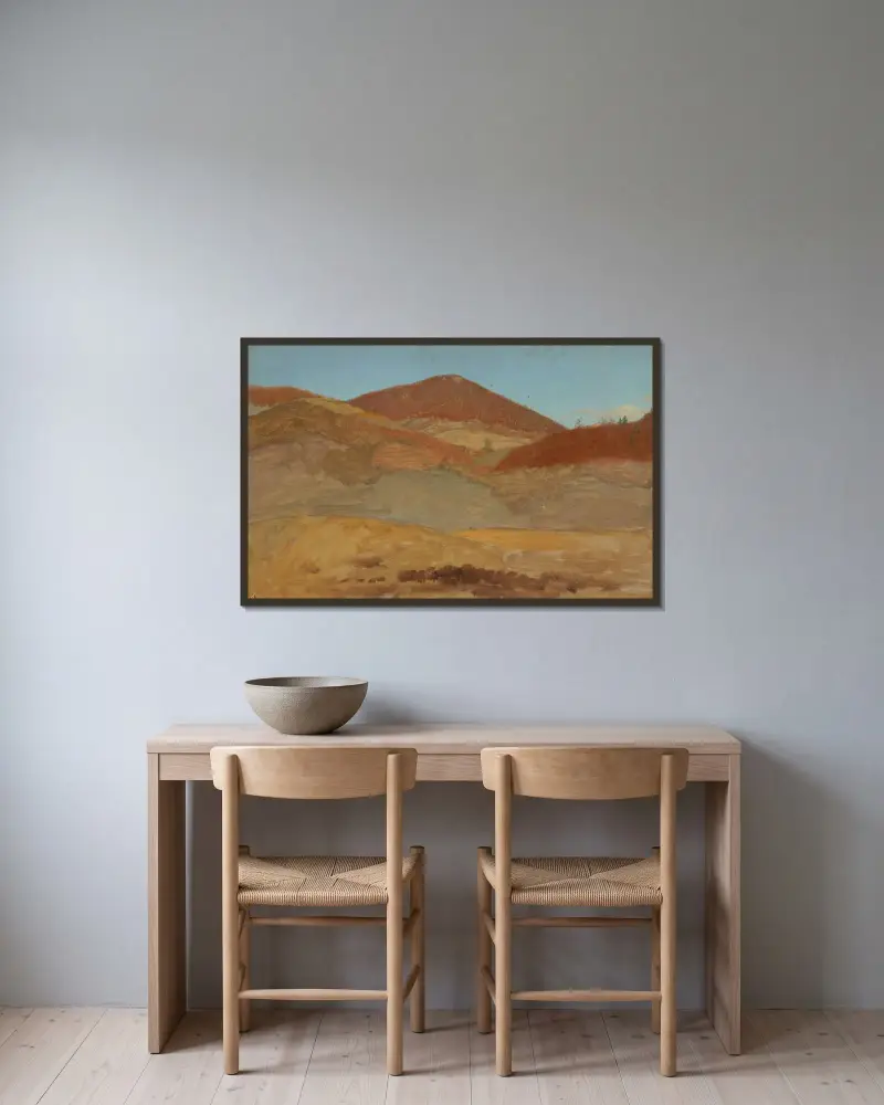 Kuperat landskap, höst av Frederic Edwin Church inramad på en vägg