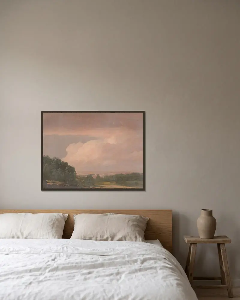 Landskap (möjligen Hudson Valley) av Frederic Edwin Church inramad på en vägg