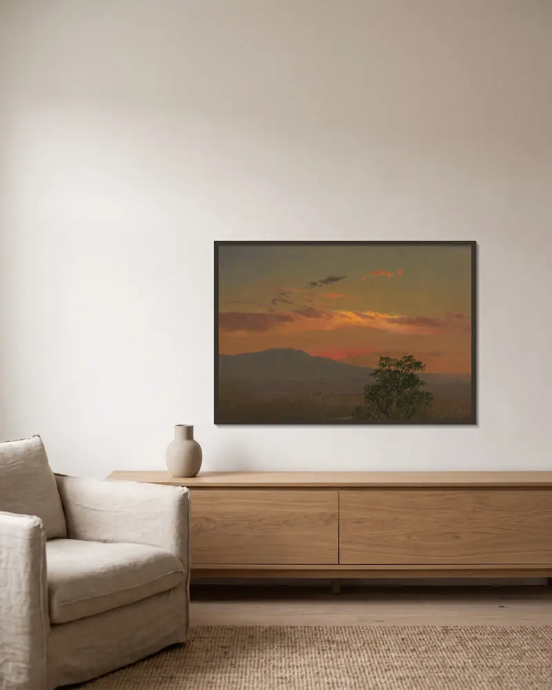 Landscape at sunset, Hudson, N.Y. av Frederic Edwin Church inramad på en vägg