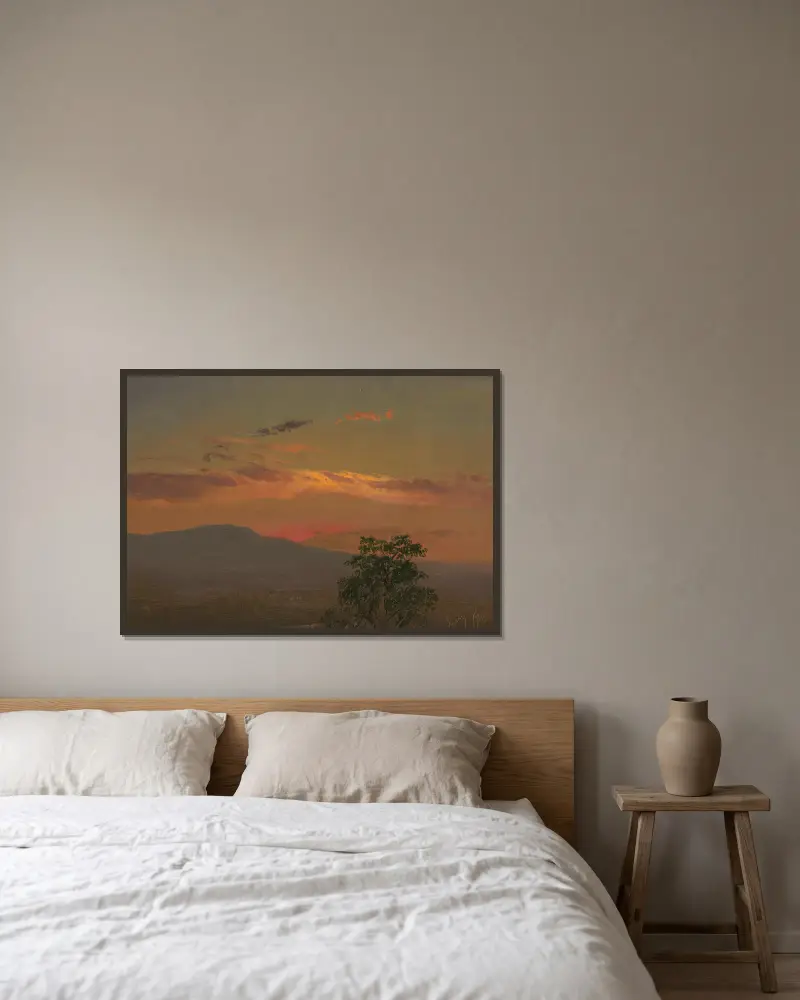Landscape at sunset, Hudson, N.Y. av Frederic Edwin Church inramad på en vägg