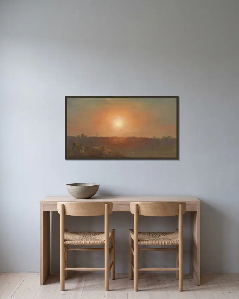 Landskap i solnedgång av Frederic Edwin Church inramad på en vägg