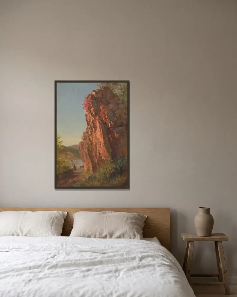Landskap med stor klippa, möjligen North Carolina av Frederic Edwin Church inramad på en vägg