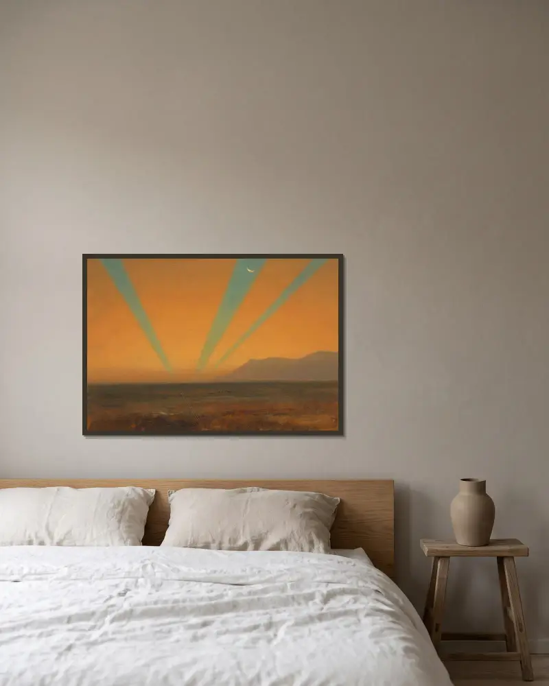 Landskap med solnedgång av Frederic Edwin Church inramad på en vägg