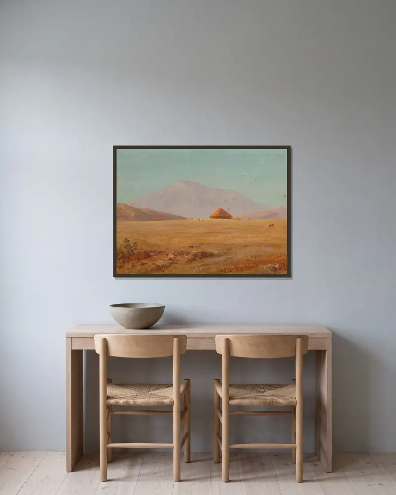 Mountain plateau with hut av Frederic Edwin Church inramad på en vägg