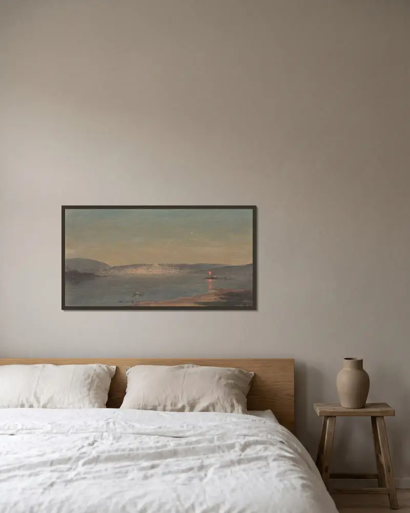 Nattvy över en hamn av Frederic Edwin Church inramad på en vägg