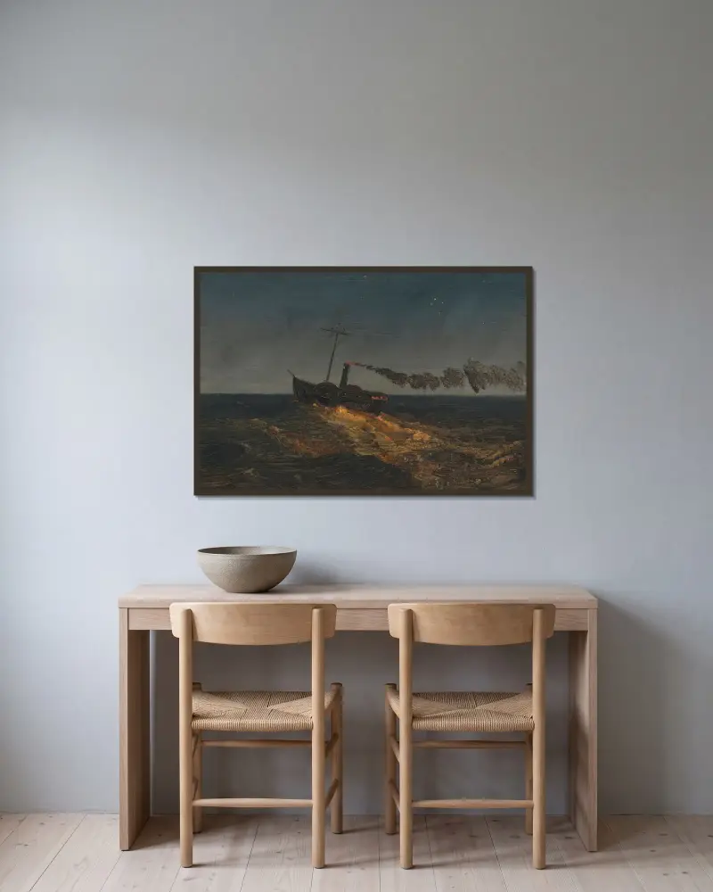 Hjulångare i skymningen av Frederic Edwin Church inramad på en vägg