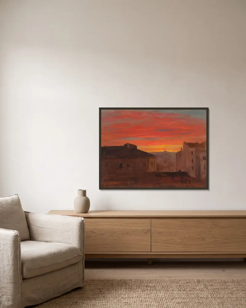 Taken vid solnedgång från Pincio, Rom av Frederic Edwin Church inramad på en vägg
