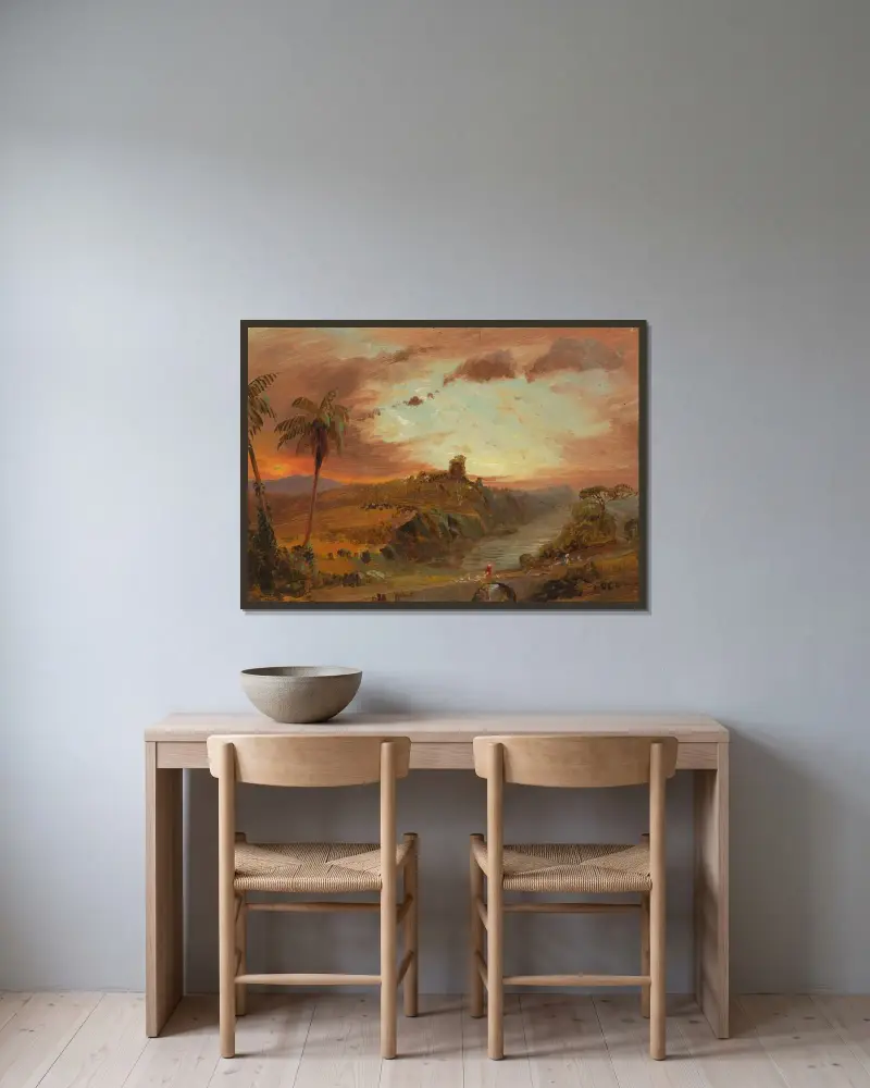 Skiss till 'Imaginärt sydamerikanskt landskap' av Frederic Edwin Church inramad på en vägg