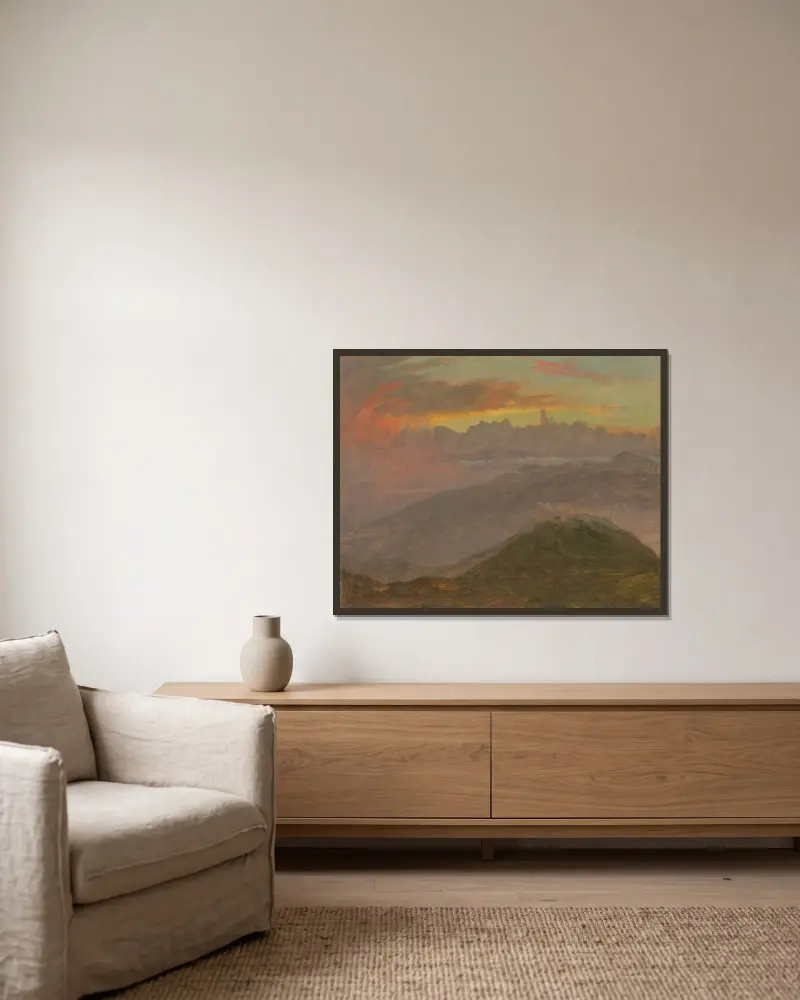 Solnedgång och berg av Frederic Edwin Church inramad på en vägg