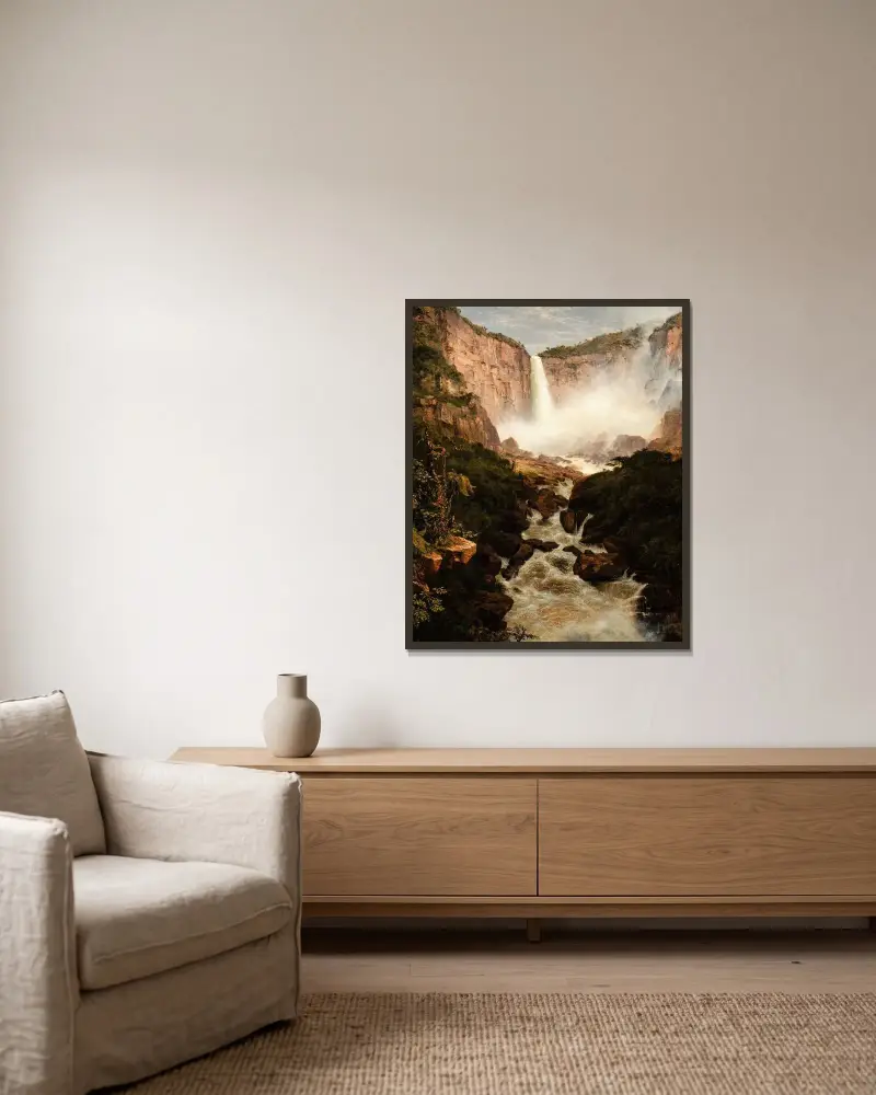 Tequendamafallen nära Bogotá, Nya Granada av Frederic Edwin Church inramad på en vägg