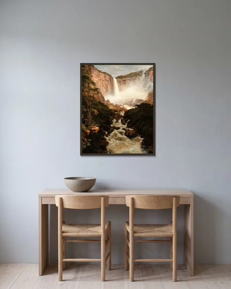 Tequendamafallen nära Bogotá, Nya Granada av Frederic Edwin Church inramad på en vägg