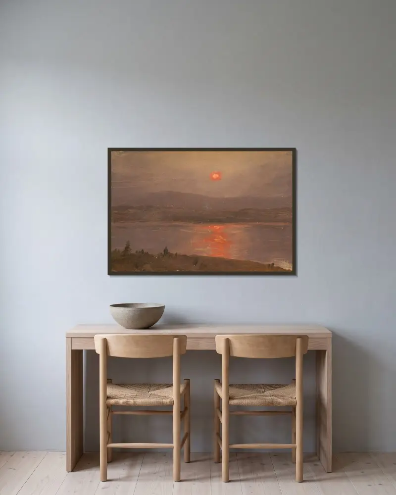 Utsikt över Hudson vid solnedgång av Frederic Edwin Church inramad på en vägg