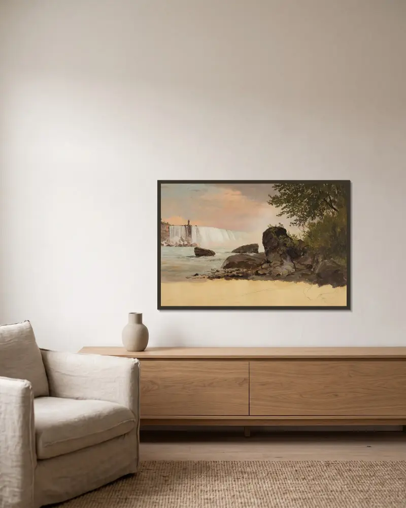 Blick auf die kanadischen Fälle und Goat Island von Frederic Edwin Church gerahmt an einer Wand