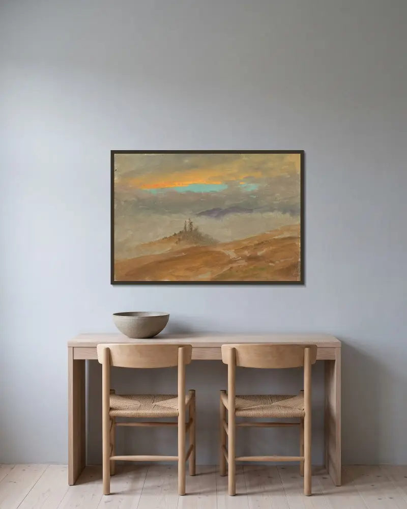 Vinterlandskap, utsikt mot Zuarry Hill, skymning av Frederic Edwin Church inramad på en vägg