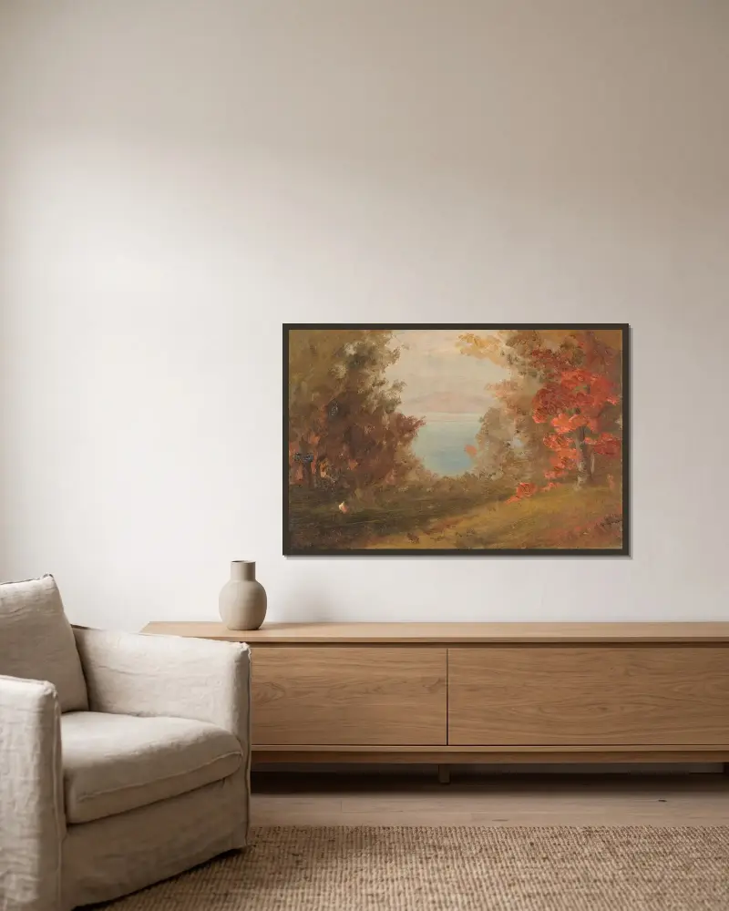 Skogslandskap på hösten (Hudson, New York eller Maine) av Frederic Edwin Church inramad på en vägg