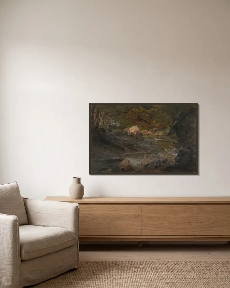 Skogsbäck av Frederic Edwin Church inramad på en vägg