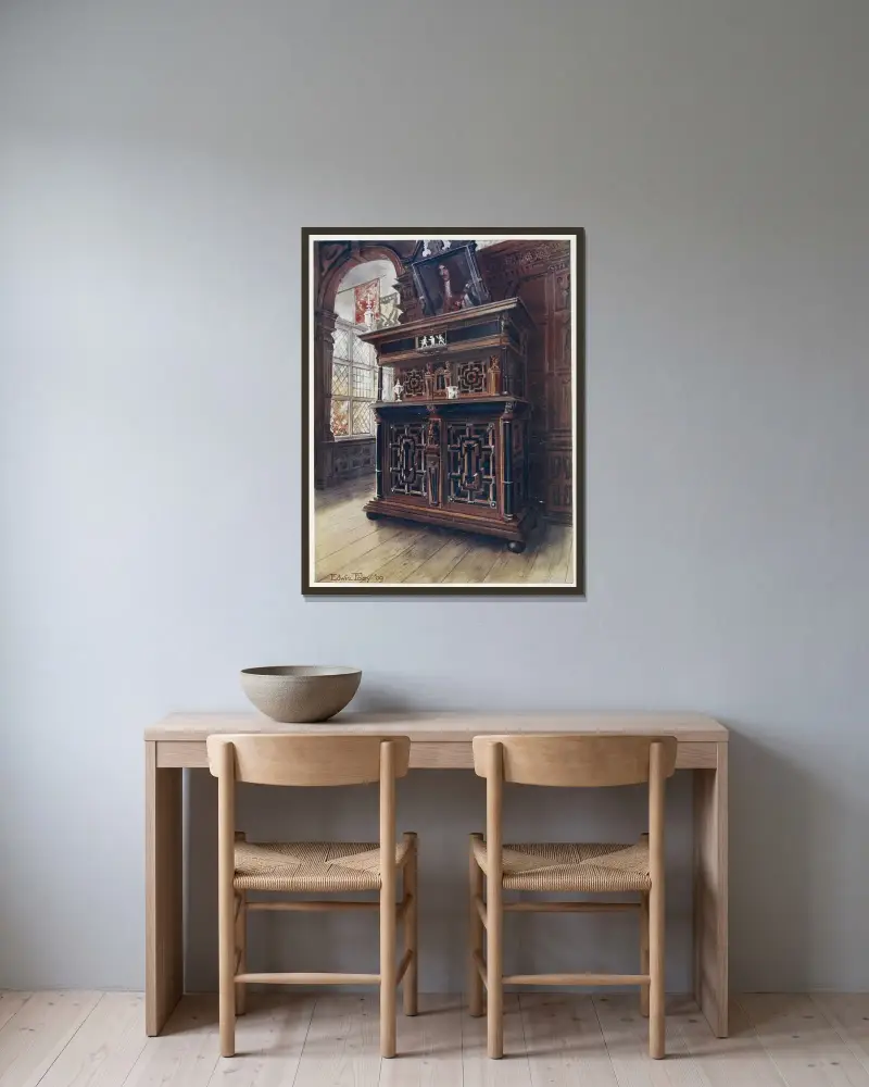 Ett skåp av ek och valnöt, med paneler och kolonner i ebenholts, inlagt med rosenträ och graverat elfenben av Edwin Foley inramad på en vägg