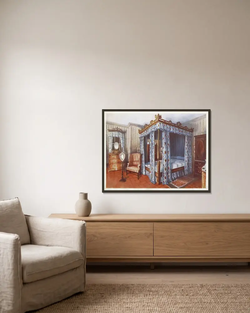 Ein Schlafzimmer im Hepplewhite-Stil von Edwin Foley gerahmt an einer Wand