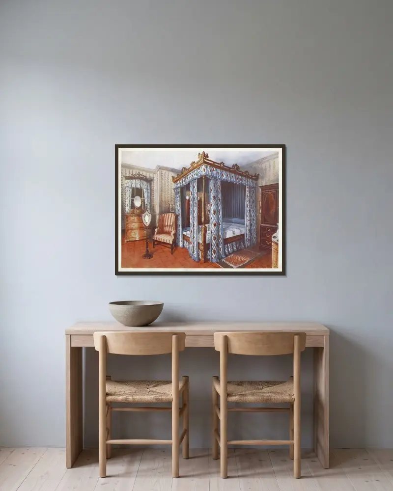 Ein Schlafzimmer im Hepplewhite-Stil von Edwin Foley gerahmt an einer Wand