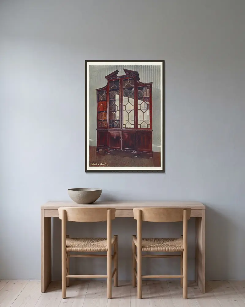 Rzeźbiona biblioteczka w stylu Chippendale'a, Edwin Foley w ramie na ścianie