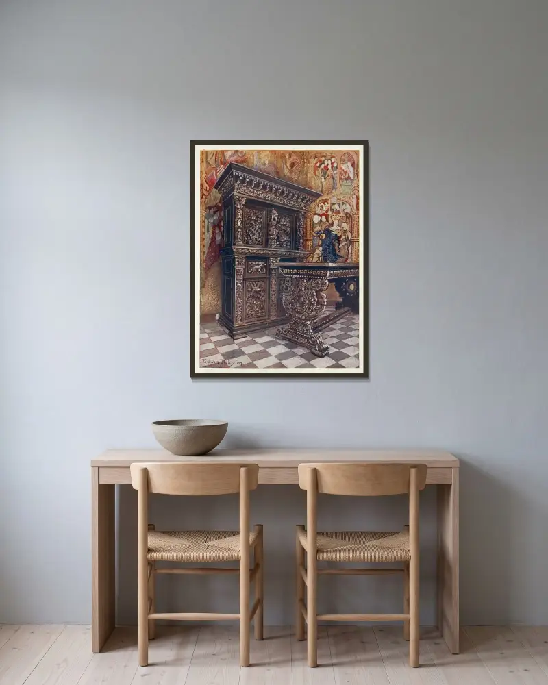 Carved oak armoire, Carved oak table av Edwin Foley inramad på en vägg