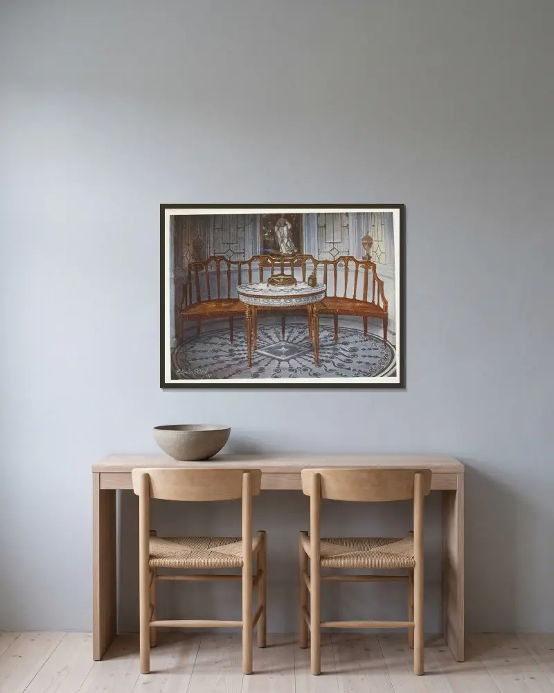 Carved satinwood barback settee, Painted and gilt table av Edwin Foley inramad på en vägg