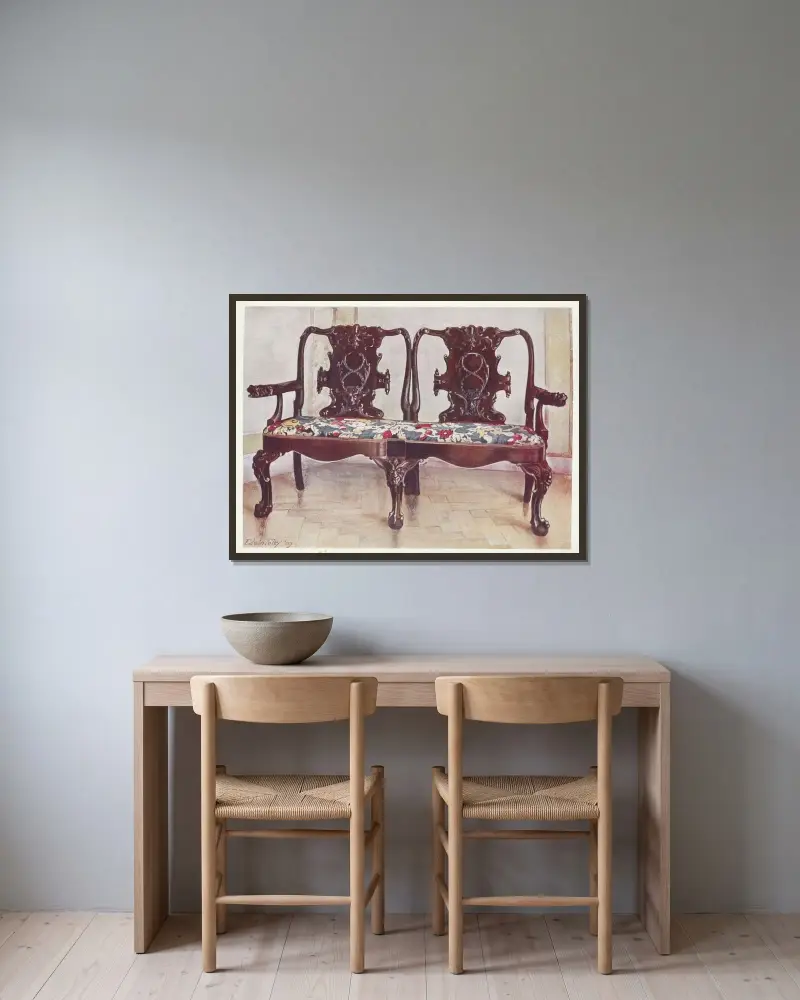 Carved walnut darby and Joan settee av Edwin Foley inramad på en vägg