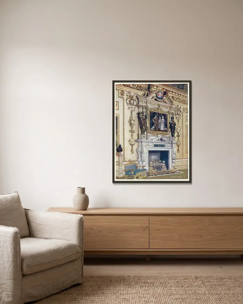 Kakelugnsomfattning i Double Cube Room, Wilton House av Edwin Foley inramad på en vägg