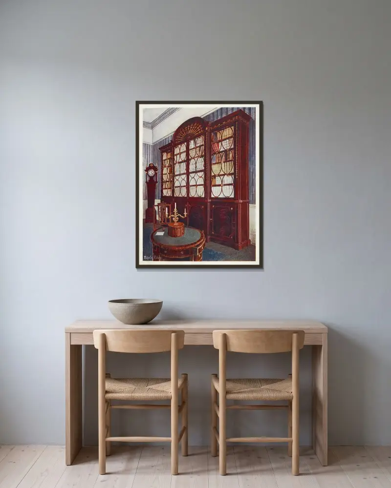 Inlaid mahogany break-front bookcase, Mahogany pedestal centre table av Edwin Foley inramad på en vägg