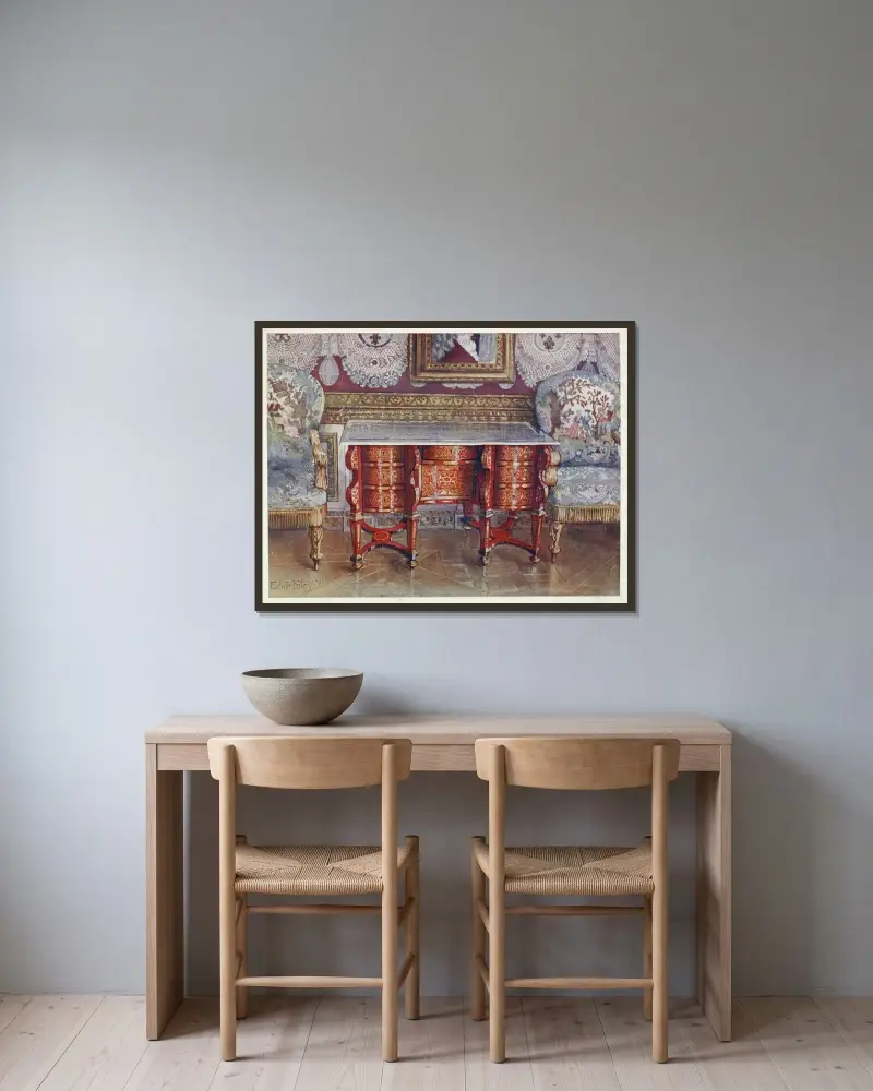 Kneehole writing table in red tortoiseshell. Lacquer steel top. Boulle. Gilt fauteuils, upholstered in tapestry av Edwin Foley inramad på en vägg