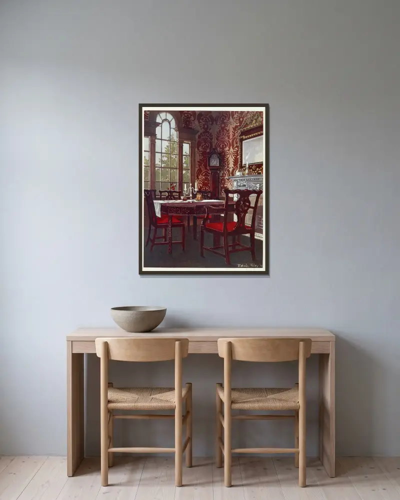 Mahogany divisible dining-tables, dining room splat-back chairs av Edwin Foley inramad på en vägg