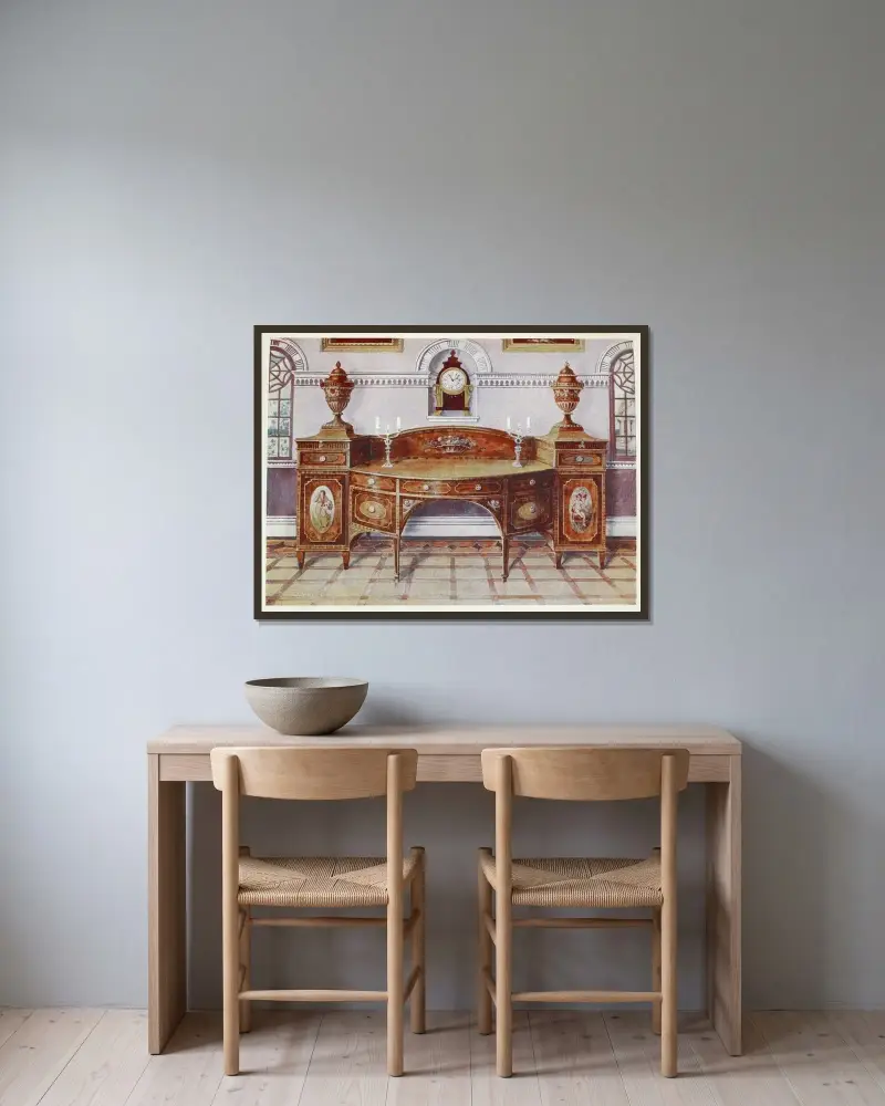 Painted and inlaid satinwood sideboard, Mahogany bracket clock av Edwin Foley inramad på en vägg