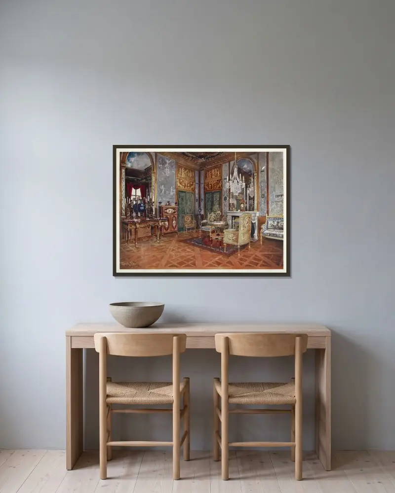 Musiksalon der Königin Marie Antoinette, Schloss Fontainebleau, Frankreich von Edwin Foley gerahmt an einer Wand